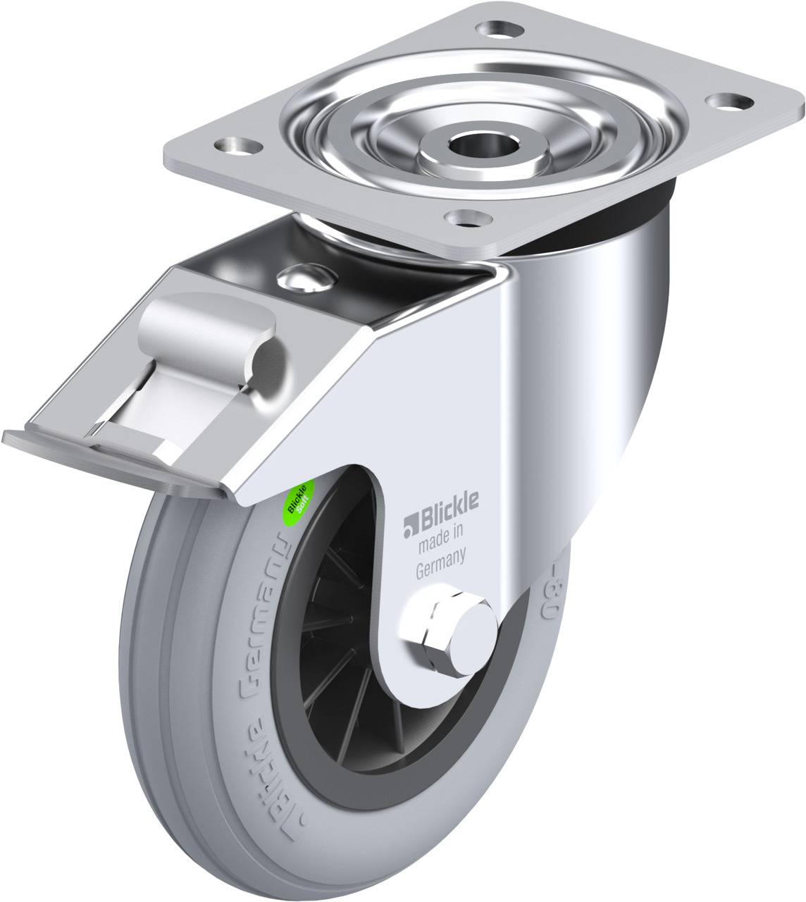 Ein drehbares Möbelrad mit grauem Rad, glänzendem Metallgehäuse und Befestigungsplatte. Aufschrift 'Blickle, made in Germany'.