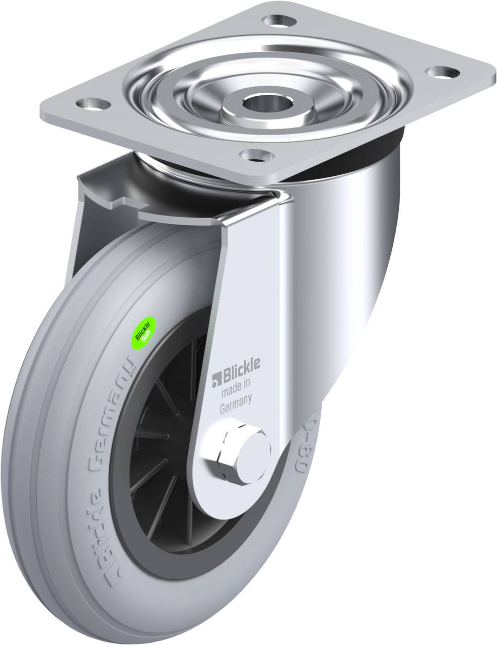 Rollenrad aus Metall und Gummi mit Drehgelenk zur Befestigung, Aufschrift: Blickle, Made in Germany.