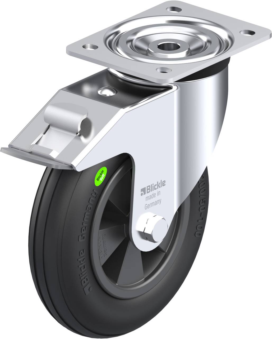 Industrie-Schwenkrolle mit Bremse, schwarzem Rad und silbernem Metallgehäuse, geeignet für Schwerlastanwendungen.