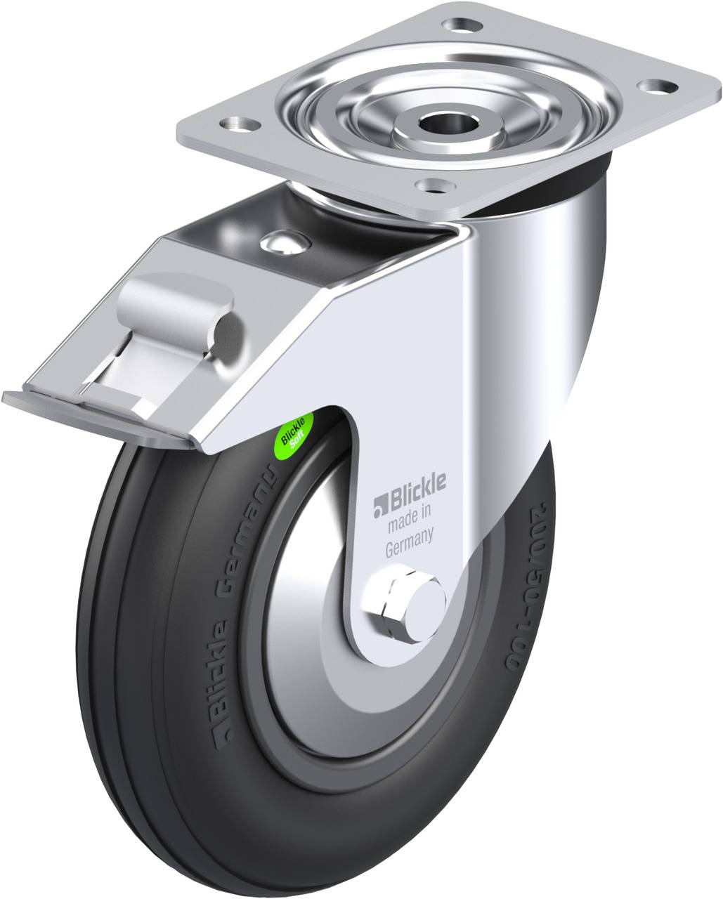 Schwenkrolle mit schwarzem Rad und Metallgehäuse. Auf dem Gehäuse steht 'Blickle made in Germany'. Ideal für Transportgeräte.