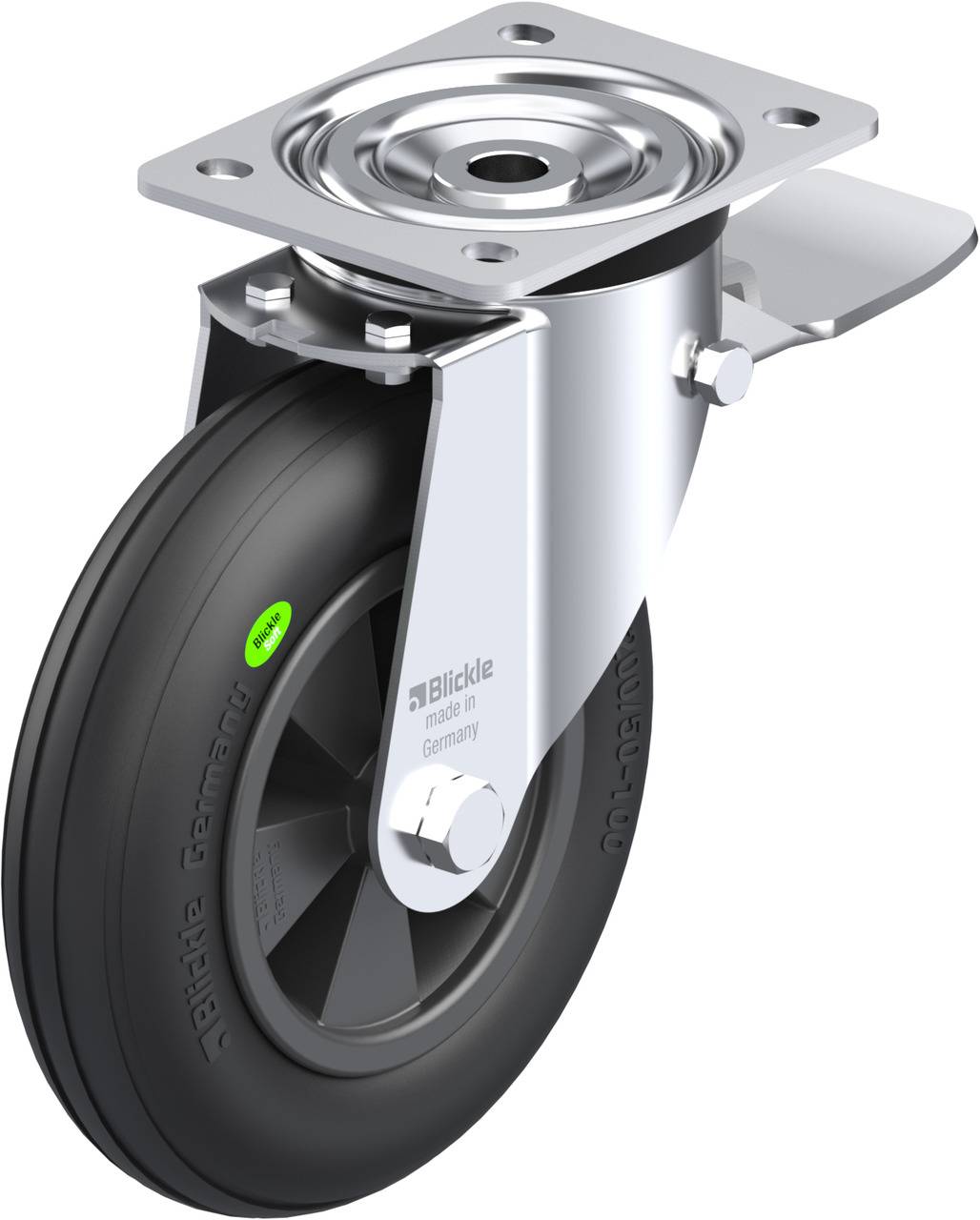 Das Bild zeigt ein Bockrad aus Metall und Gummi mit einer Befestigungsplatte. Es wird in Industrieanwendungen verwendet.