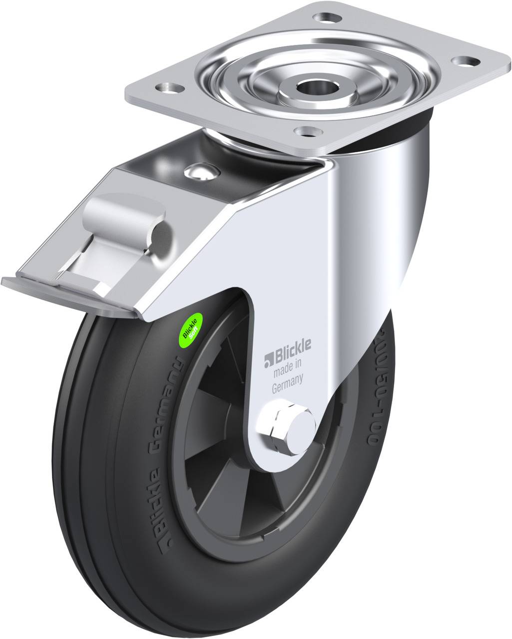Grau-schwarzes Lenkrollenrad mit Metallplatte und Stoßschutz, geeignet für schwere Lasten.