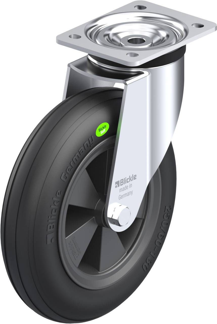 Industrie-Stahl-Lenkrolle mit schwarzem Gummirad und Metallgehäuse, geeignet für Maschinen- oder Gerätebeweglichkeit.
