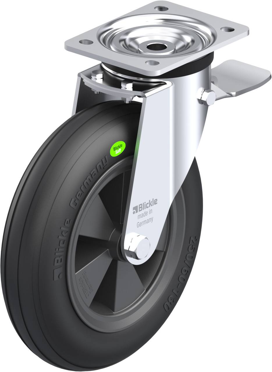 Ein strapazierfähiges Schwenkrad mit schwarzem Reifen und Metallhalterung, geeignet für industrielle Anwendungen.