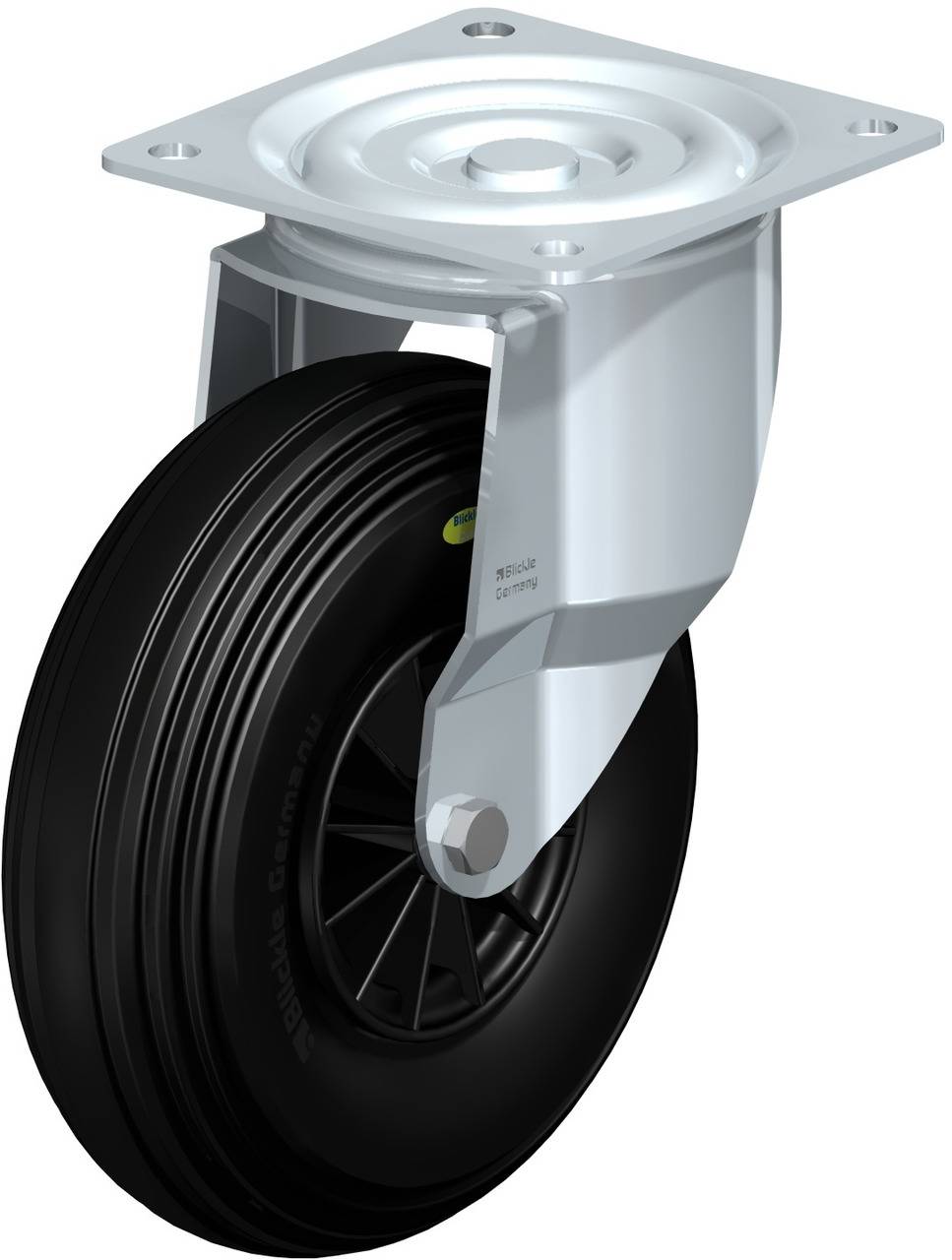Schwenkrolle mit schwarzem Rad und silbernem Gehäuse, geeignet für den Transport von schweren Lasten mit glatter Montageplatte.