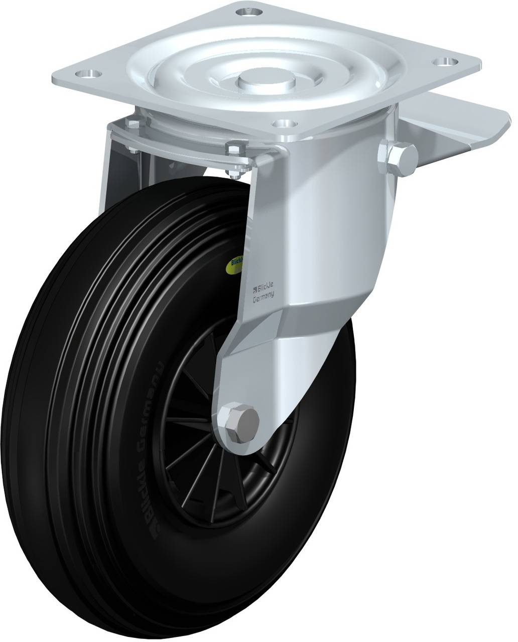 Ein einzelnes schwenkbares Rad mit einem Gehäuse und einer Montageplatte. Geeignet für schwere Lasten und industrielle Anwendungen.