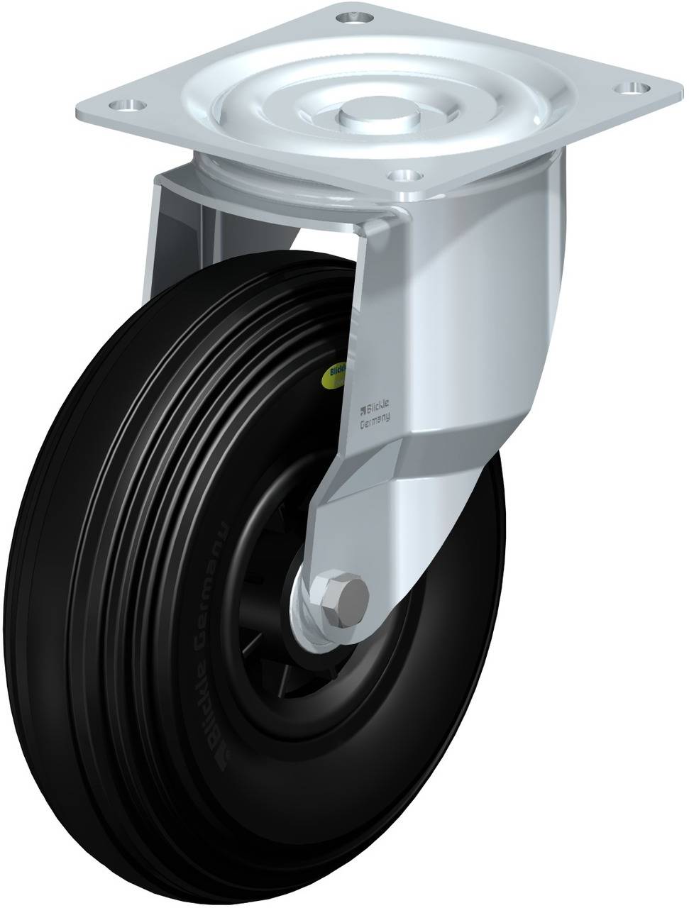 Drehbares Industrielenkrollenrad mit schwarzem Reifen und silbernem Gehäuse, geeignet für schwere Lasten in Transportgeräten.
