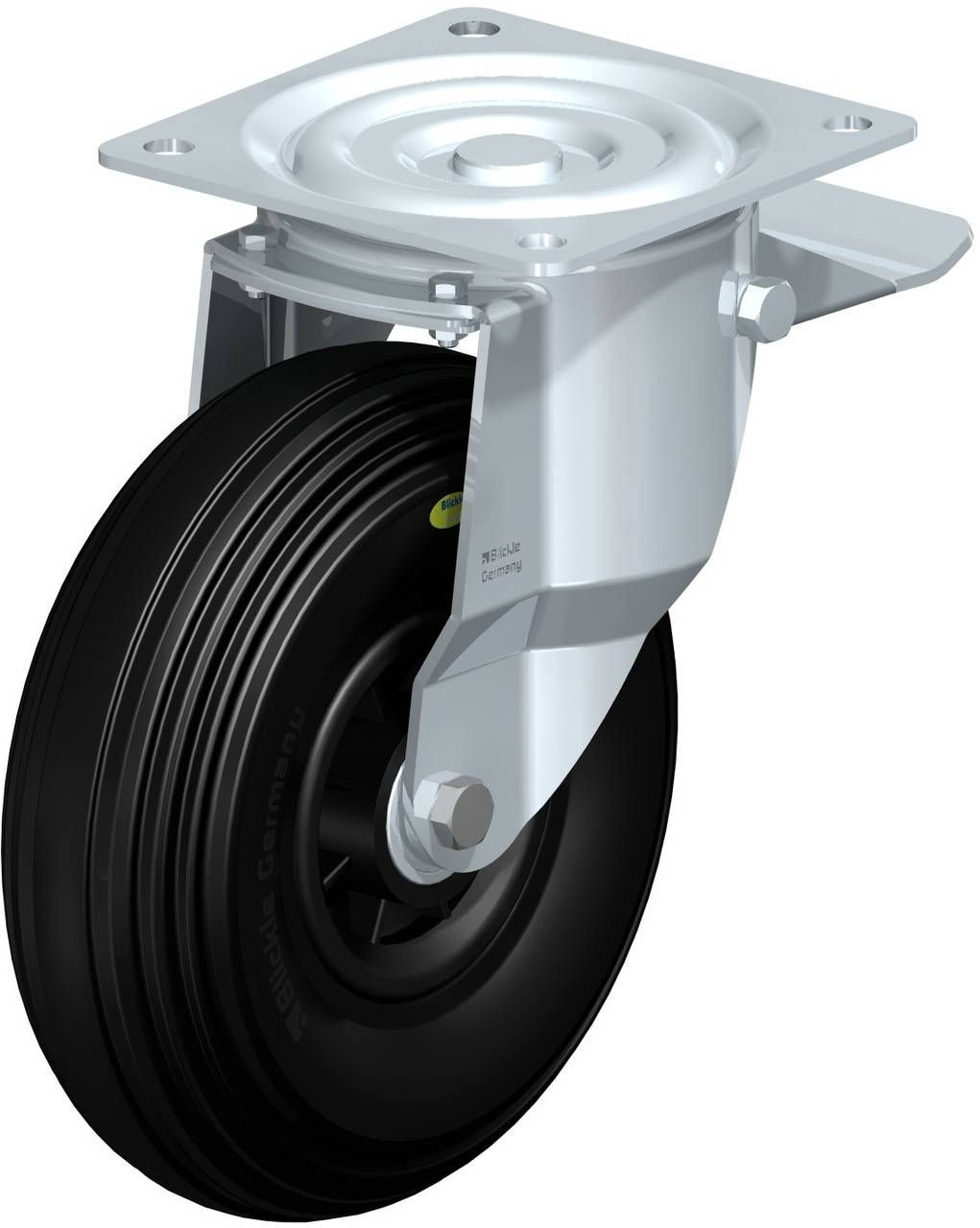 Schwenkbares Industrierad aus Metall mit schwarzem Gummireifen und Befestigungsplatte. Geeignet für schwere Lasten.