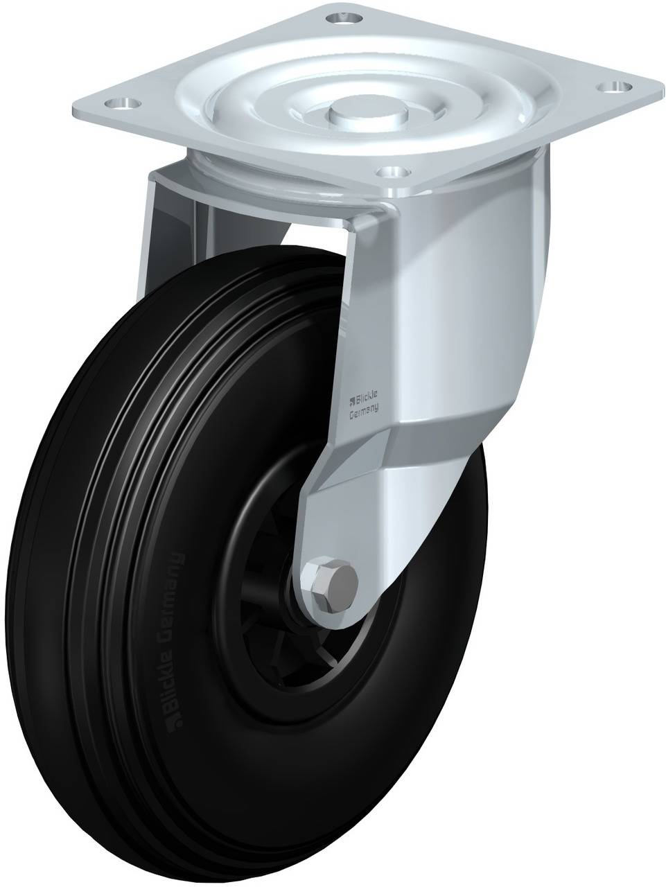 Industrielle Drehrolle mit schwarzem Rad und silberner Halterung, geeignet für schwere Lasten in Transport- oder Lageranwendungen.