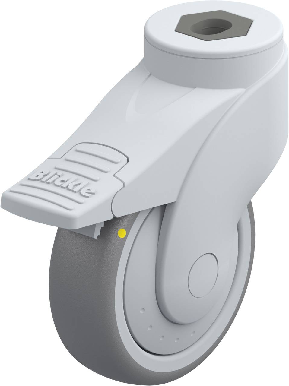 Lenkrolle mit grauem Rad und weißem Kunststoffgehäuse, geeignet für Büromöbel.