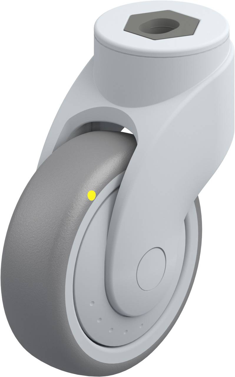 Eine graue Lenkrolle aus Kunststoff, geeignet für den Einsatz in Möbeln oder Geräten. Sie hat eine sechseckige Befestigung.