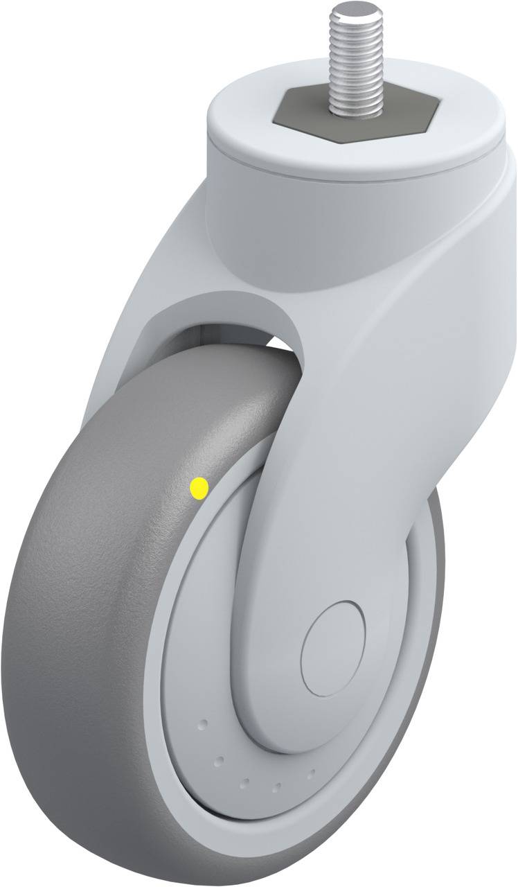 Industrie-Rolle mit grauem Gummireifen, Schraubbolzen und Kunststoffgehäuse. Geeignet für Möbel oder Geräte.