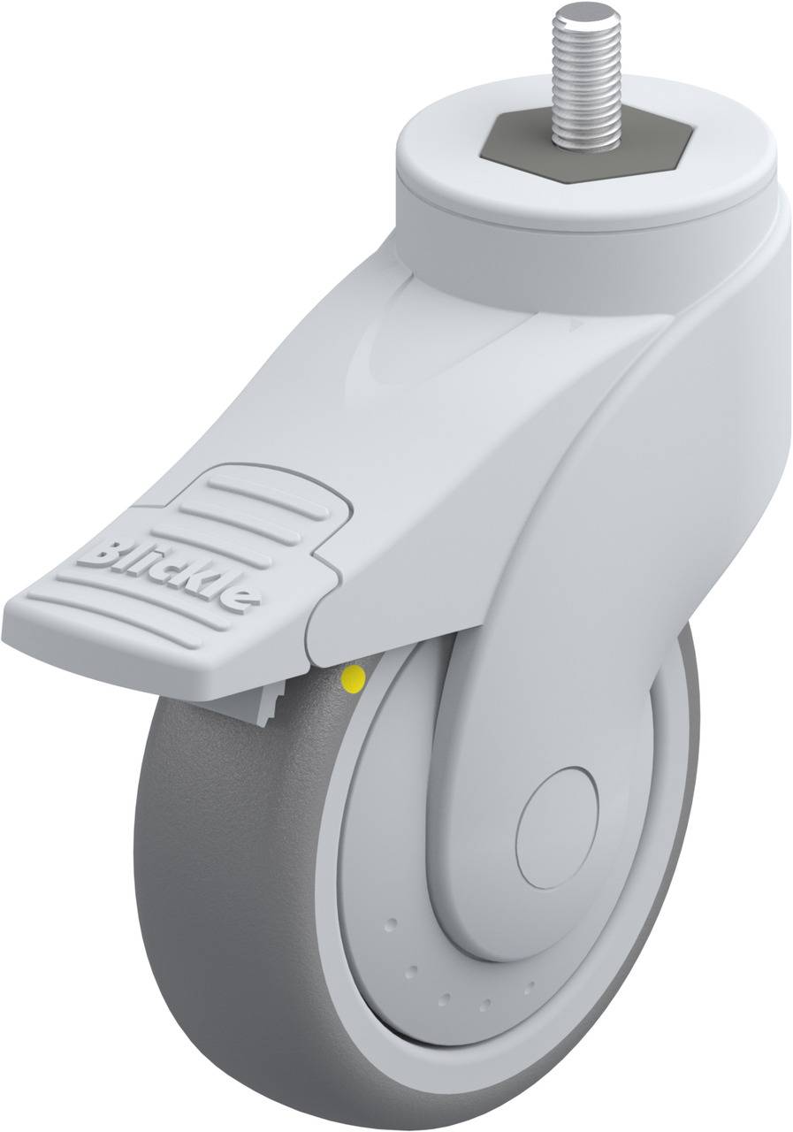 Lenkrolle mit grauem Rad, weißem Gehäuse und Bremse. Befestigung mittels Schraube. Geeignet für Möbel oder Geräte.