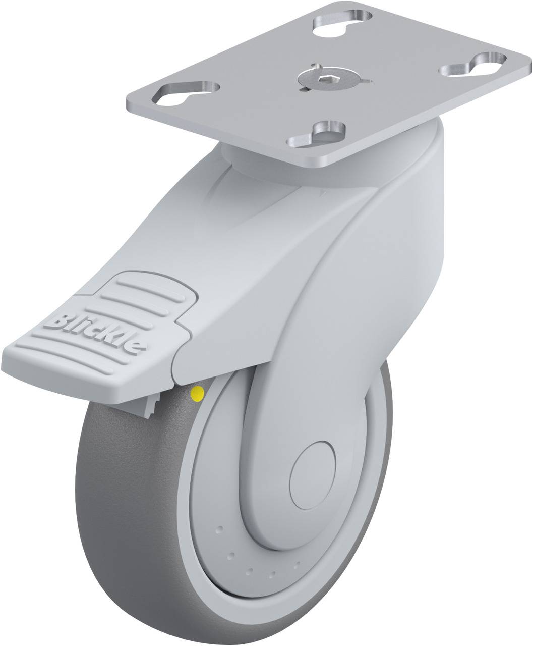 Graue Lenkrolle mit rechteckiger Platte zur Befestigung, geeignet für Möbel oder Geräte; schlichtes Design, robustes Material.