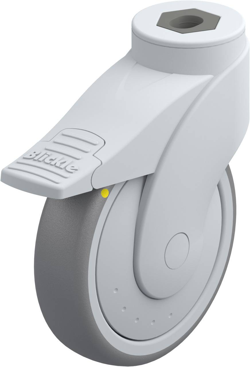 Industrie-Rolle mit grauem Rad und weißem Gehäuse, das einen Bremshebel mit der Aufschrift 'Blickle' auf der Oberseite zeigt.
