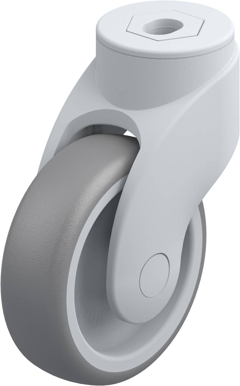 Graue Kunststoffrolle mit weißem Gehäuse, geeignet für Möbel oder Gerätebefestigung.