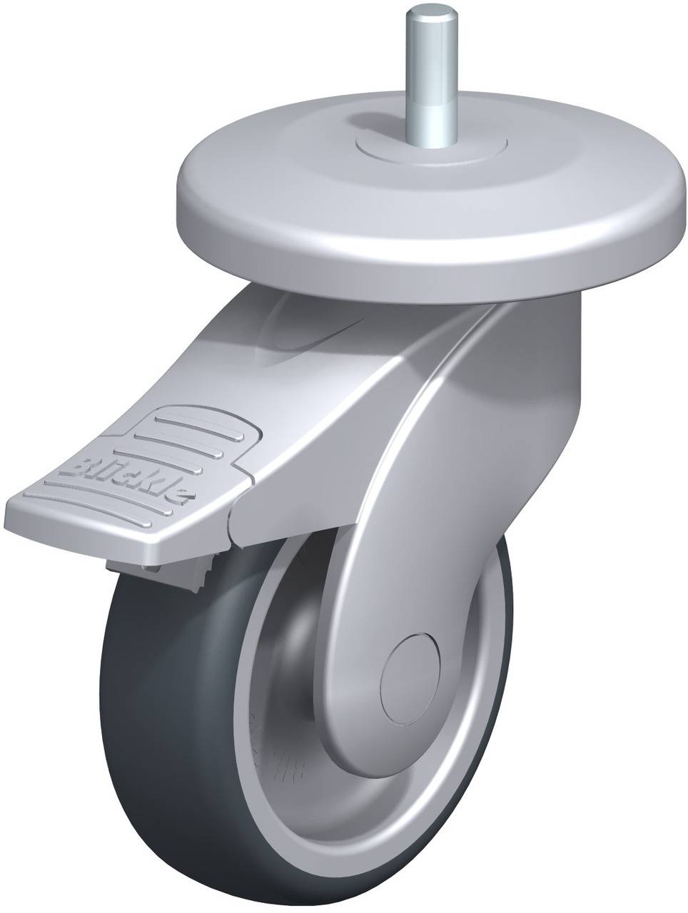 Rollenrad mit Kunststoffgehäuse und Metallstift oben, designed für Möbel oder industrielle Anwendungen.