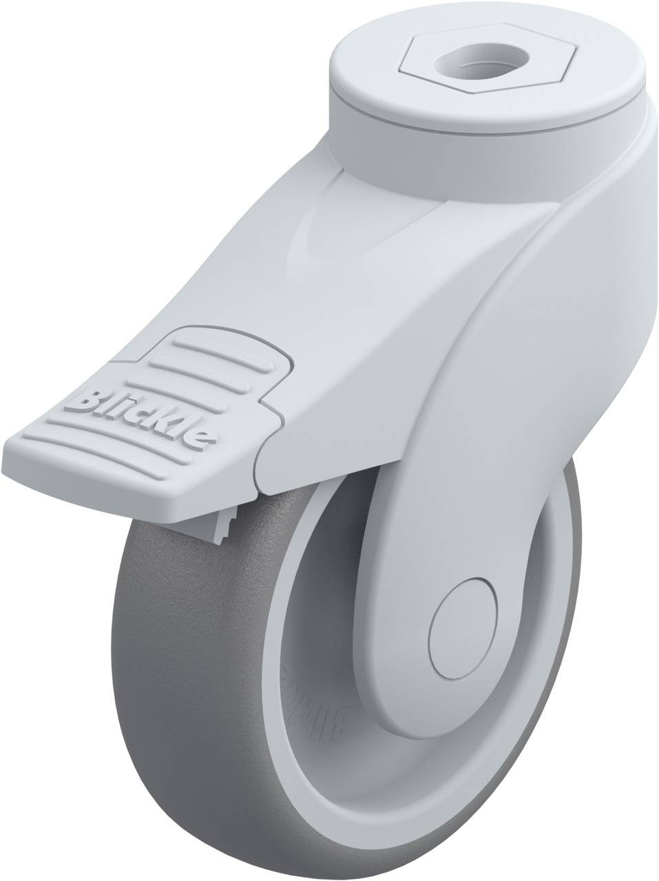 Graue Rolle mit Bremse; geeignet für Möbel oder Geräte, ermöglicht Bewegung und sicheren Halt auf glatten Oberflächen.