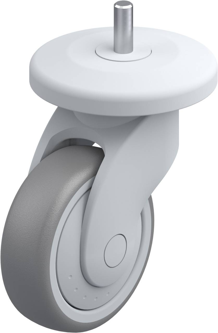 Graue Lenkrolle mit festem Befestigungsstift. Geeignet für den Einsatz an Möbeln oder Geräten zur Mobilität und Flexibilität.