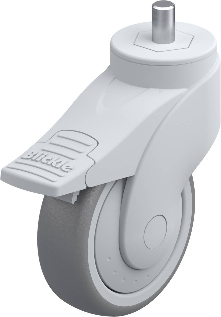 Graue Lenkrolle mit Bremse, geeignet für Möbel oder Geräte. Marke 'blickle' auf der Bremse erkennbar.