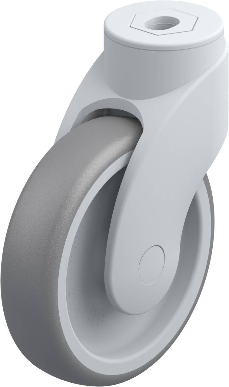Eine graue Radrolle auf weißem Hintergrund mit einer robusten Halterung. Geeignet für Möbel oder Transportwagen.