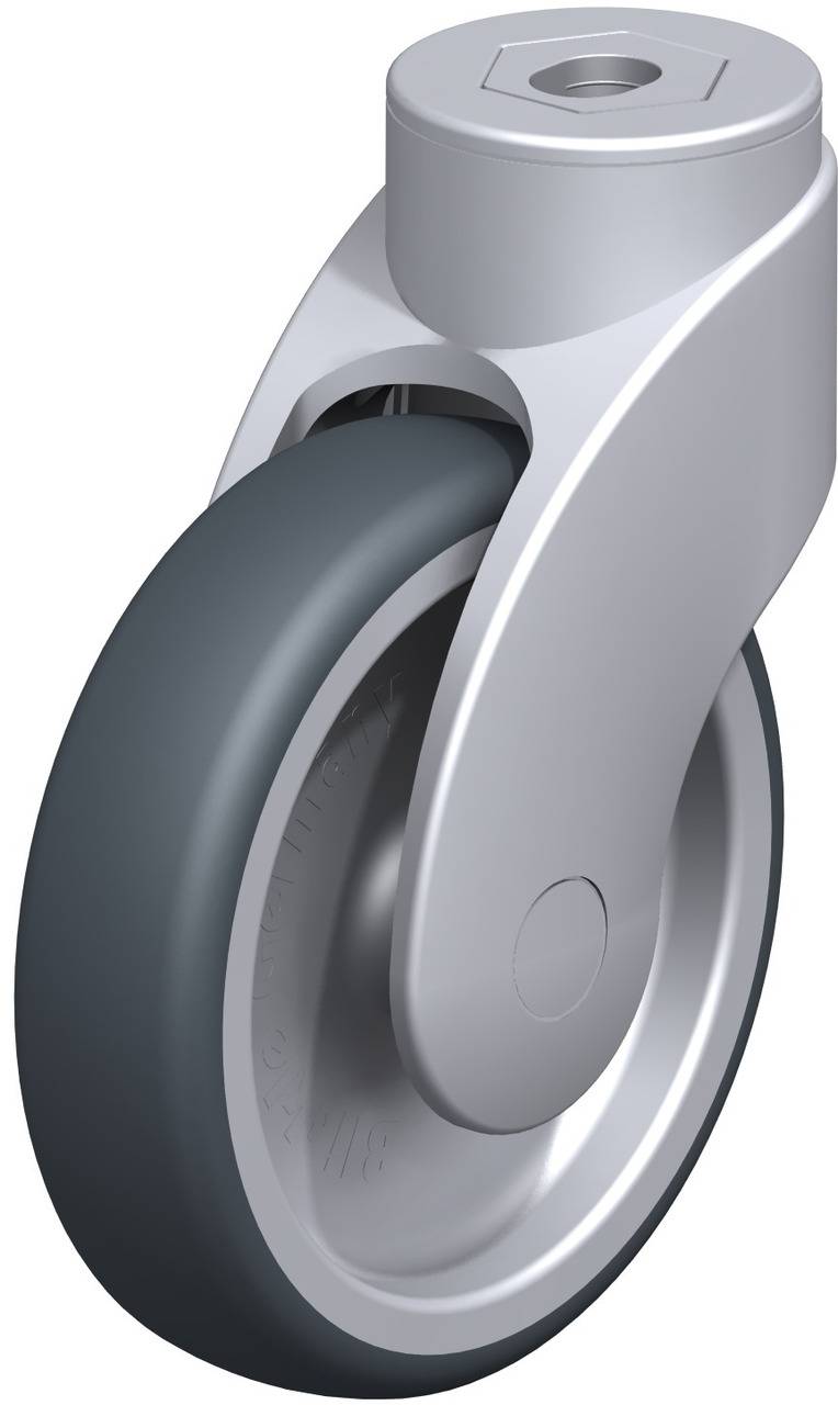 Industrierolle mit grauem Rad und einem Gehäuse aus Metall, geeignet für Möbel oder Transportwagen.