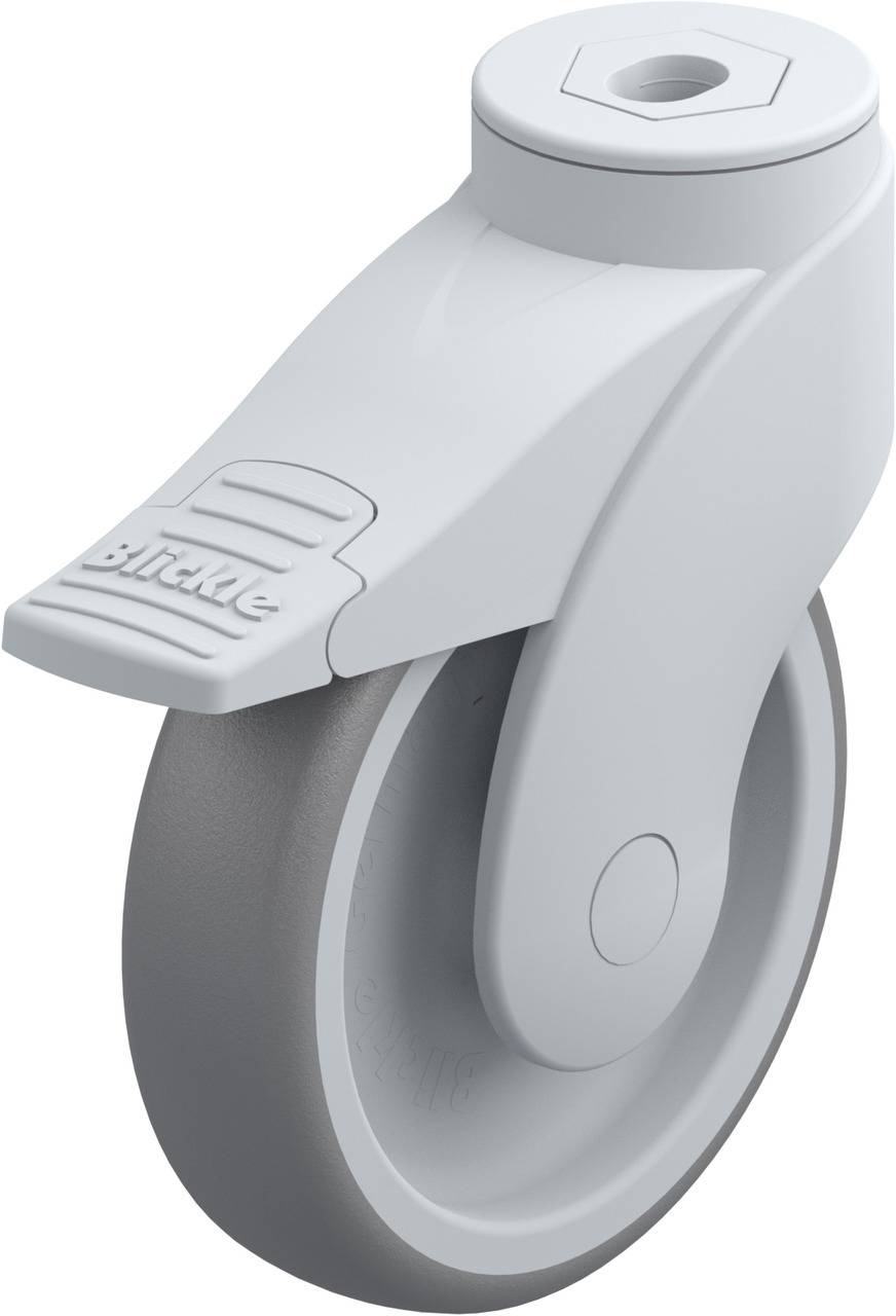 Weißes Gehäuse-Lenkrollenrad mit grauer Gummilauffläche und Bremse, geeignet für Möbelmobilität und -stabilität.