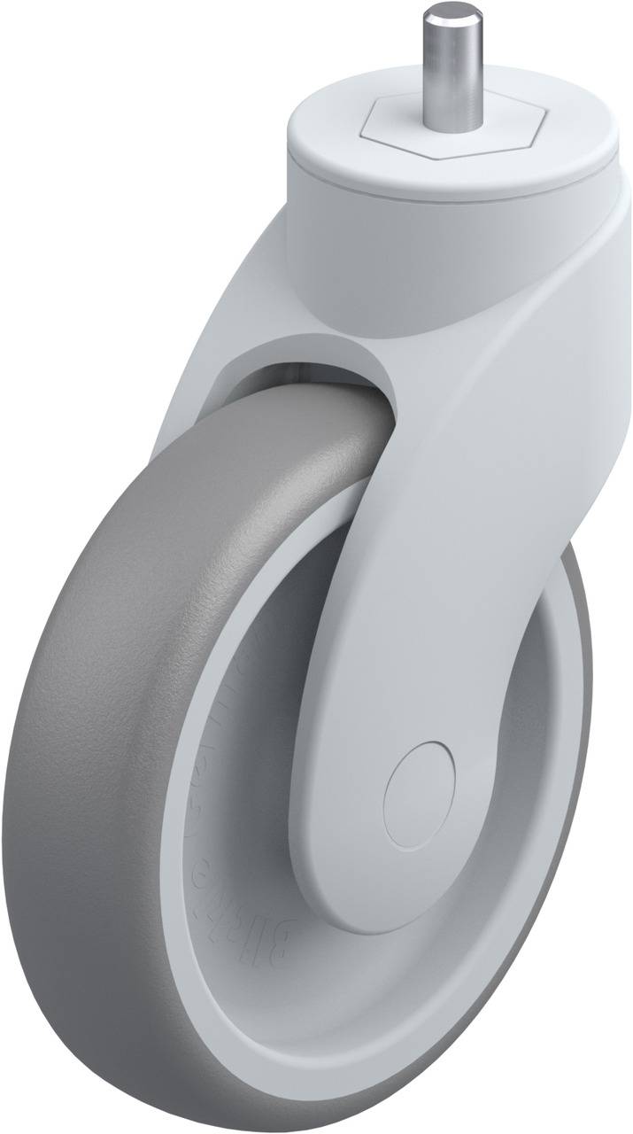 Graues Rad mit weißem Gehäuse, geeignet für Möbel oder Geräte, mit Drehmechanismus und Metallstift zur Befestigung.