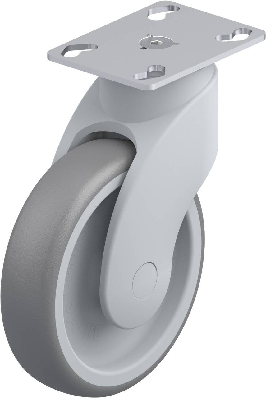 Rollenrad mit grauem Gummi und Metallplatte, geeignet für Möbel oder Geräte, bietet Mobilität und Stabilität.