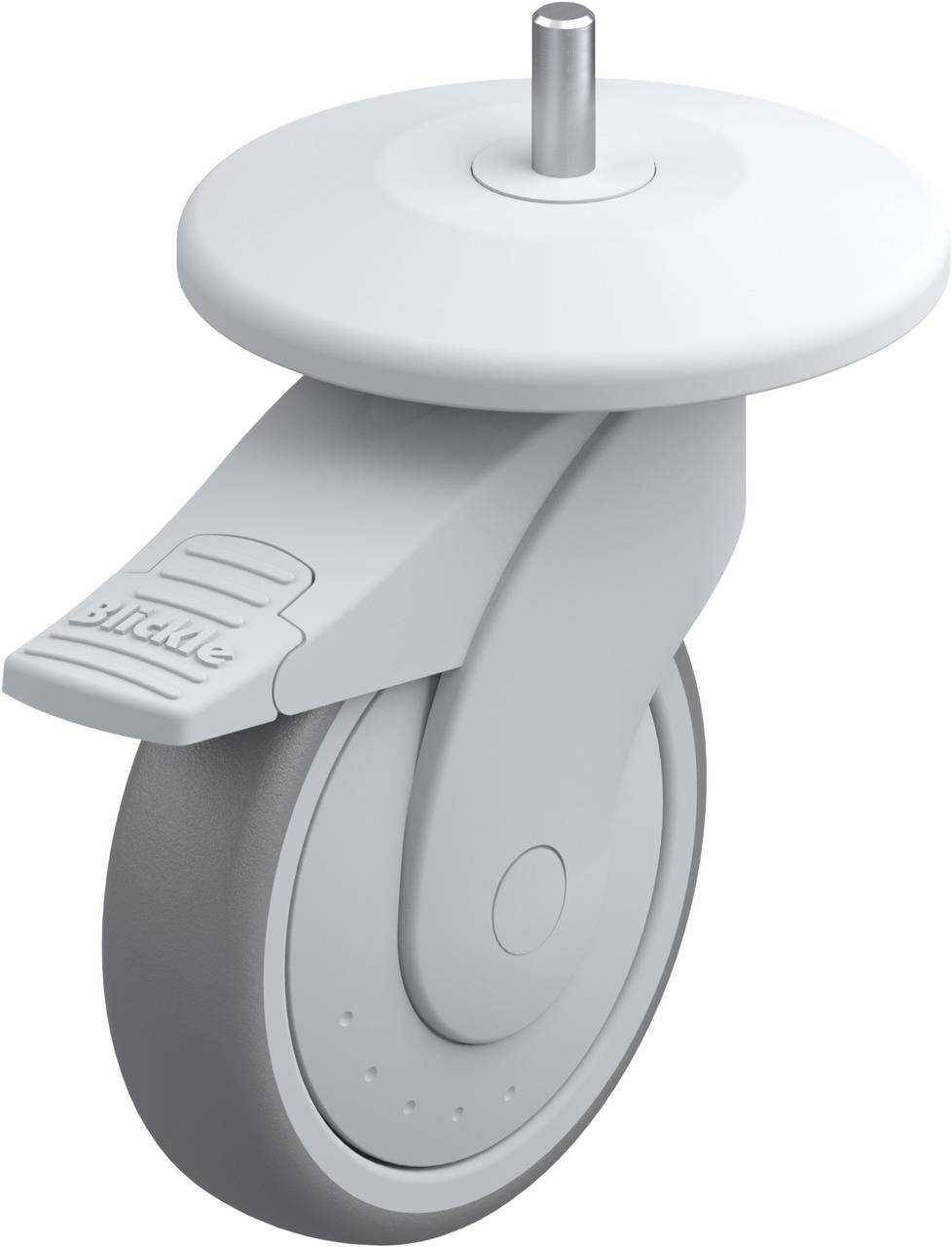 Ein einzelnes graues Rad mit Bremssystem. Es hat eine glatte Oberfläche und ist für Möbel oder Geräte geeignet.