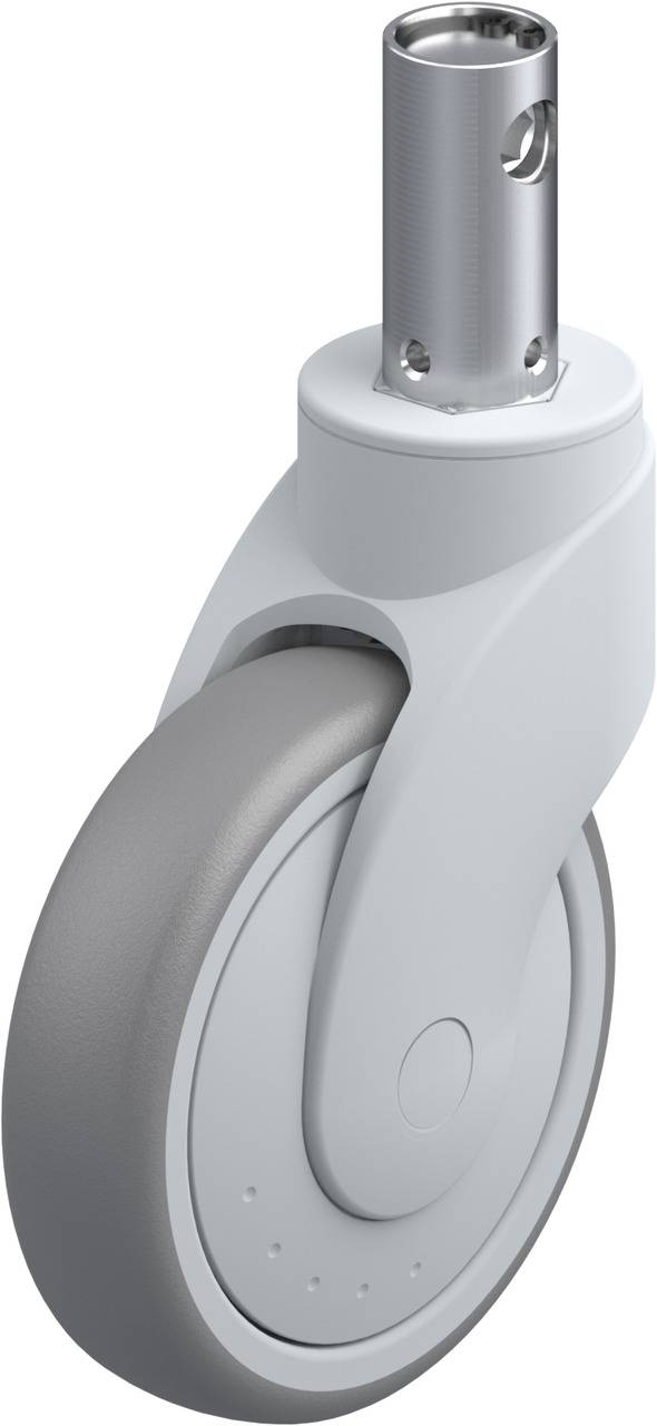 Graues, drehbares Rad (Lenkrolle) mit silberner Metallhalterung, geeignet für Möbel oder Geräte, demonstriert innovatives Design.