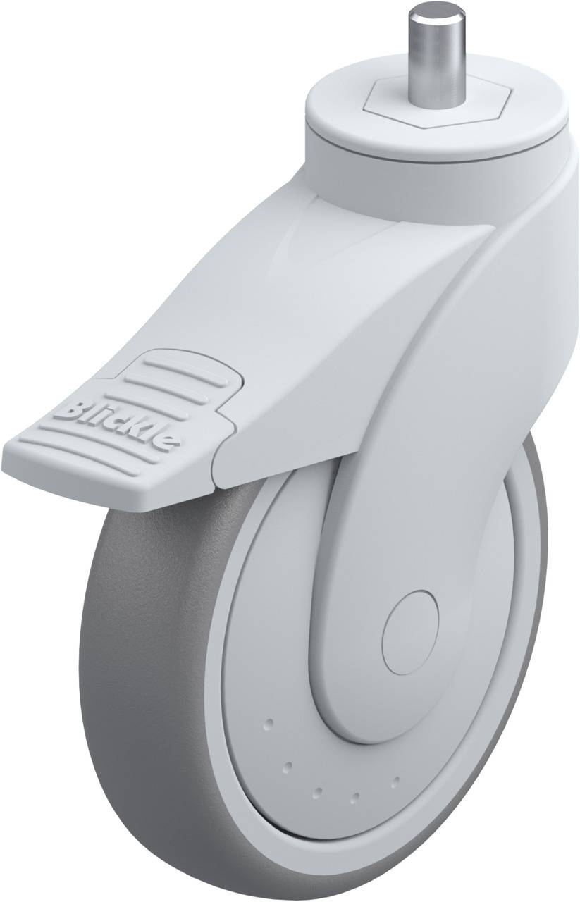 Graue, schwenkbare Möbelrolle mit Kunststoffgehäuse und Bremse, geeignet für leichte bis mittlere Lasten.