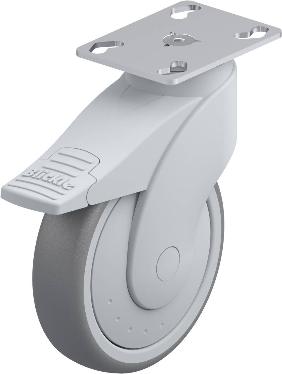 Lenkrolle mit grauer Radabdeckung und Befestigungsplatte, für Möbel oder Geräte.