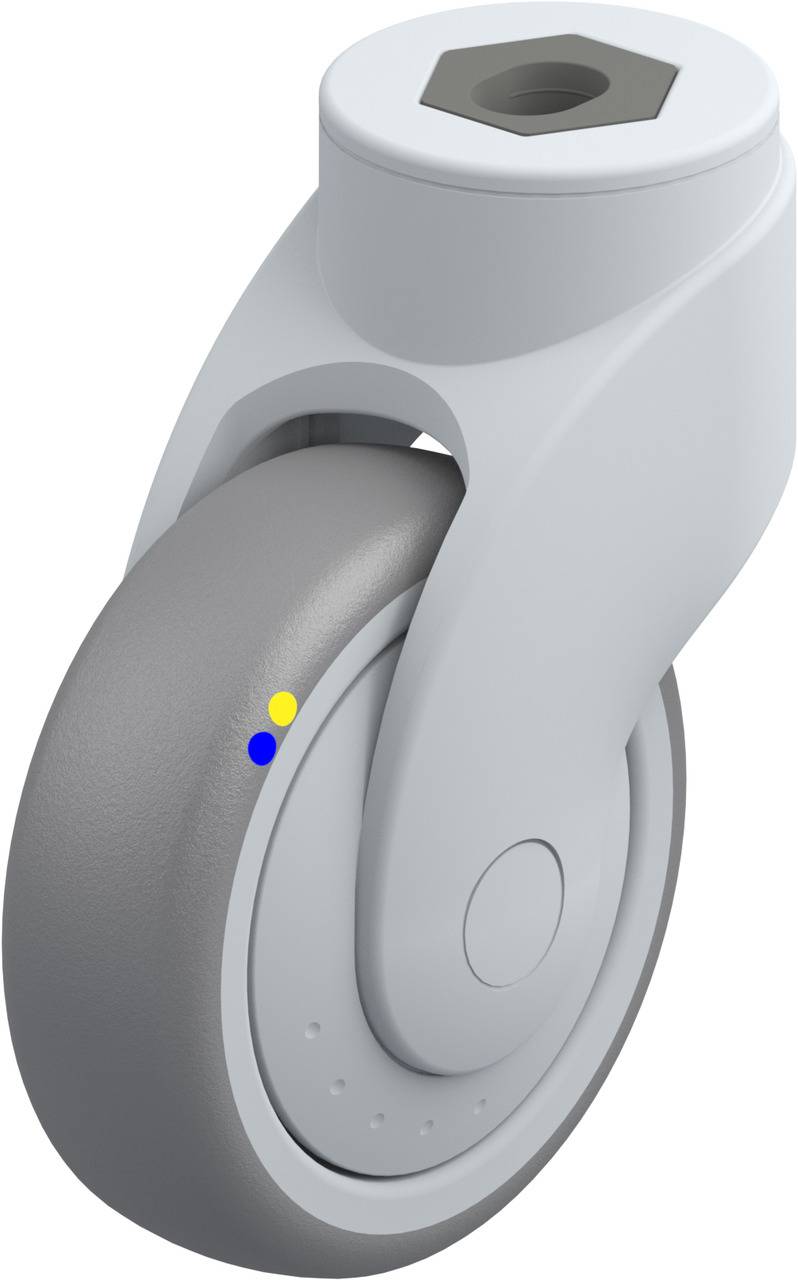 Graues Rad mit Halterung, oben mit sechseckiger Öffnung. Seitlich kleine blaue und gelbe Punkte.