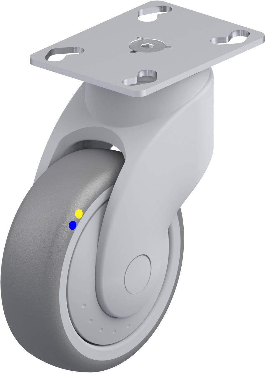 Graues Schwenk- und Lenkrolle, Parkplatzmontage oben. Stabiler Kunststoff, geeignet für schwere Lasten.