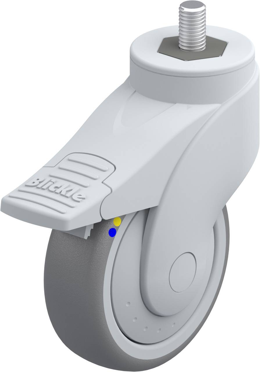 Graues Schwenkrollrad mit Kunststoffgehäuse und Stoppmechanismus; gedrehte Stange oben, Markenname 'Blickle' auf dem Gehäuse.