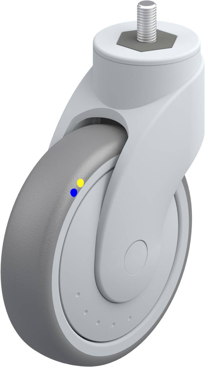 Graues Rad mit Metallgewinde an der Oberseite, eingebaut in weiße Halterung, seitliche gelbe und blaue Markierungen auf der Lauffläche.