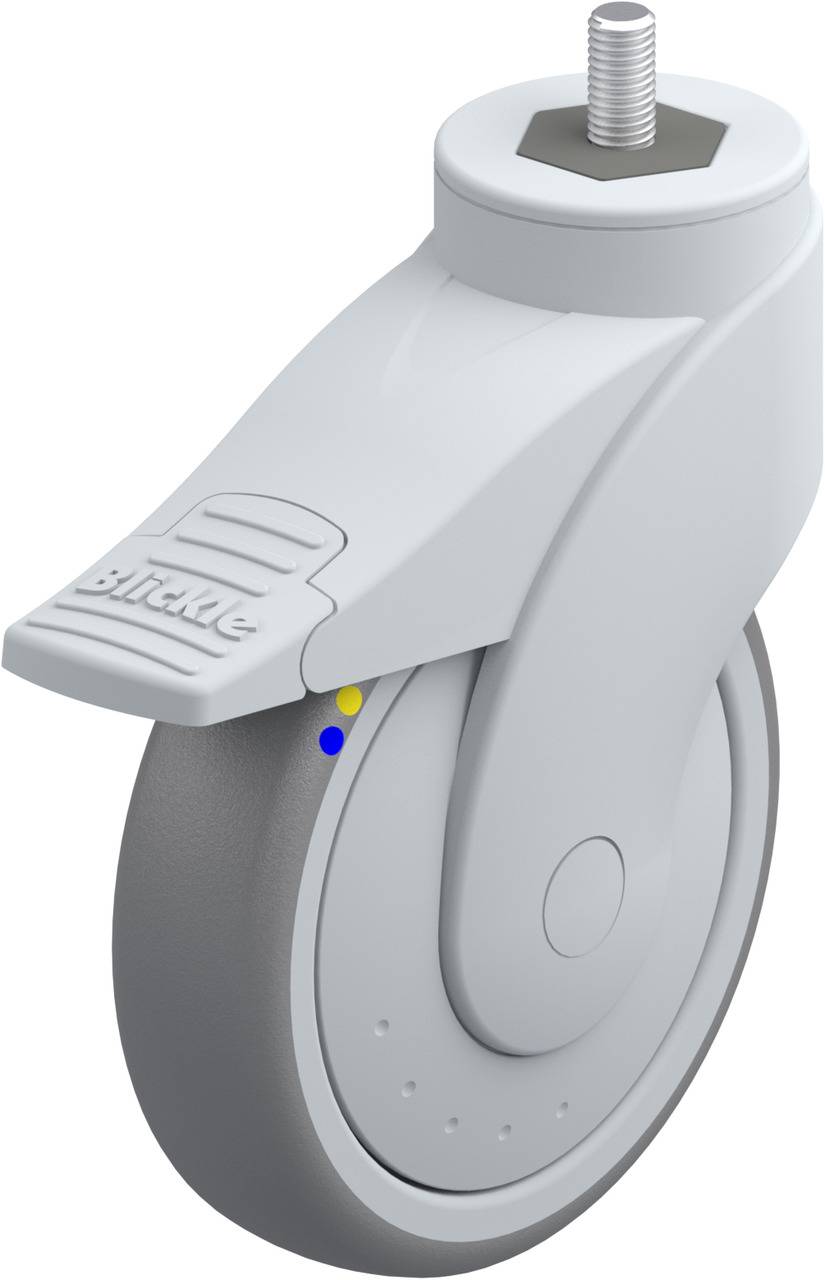 Lenkrolle mit grauem Rad und weißem Gehäuse, ausgestattet mit einem Befestigungsbolzen und einer Bremse an der Seite.