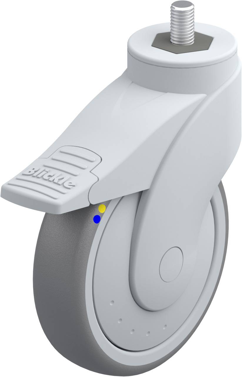 Graues Rad mit Fußbremse und Metallgewinde. Es ist schwenkbar und wird oft für Möbel oder Geräte verwendet.