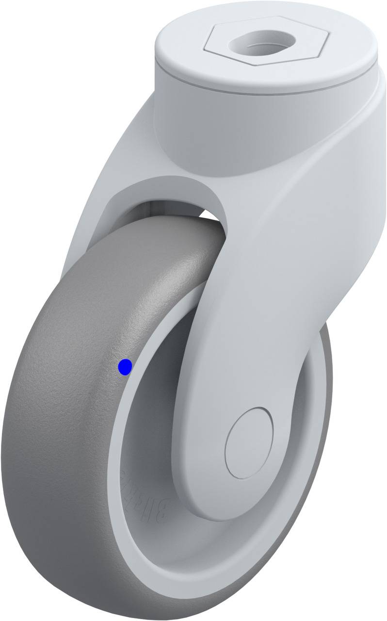 Graue Kunststoffrolle mit Metalllager, geeignet für Möbel oder Transportgeräte. Rollenarm besteht aus weißem Kunststoff.