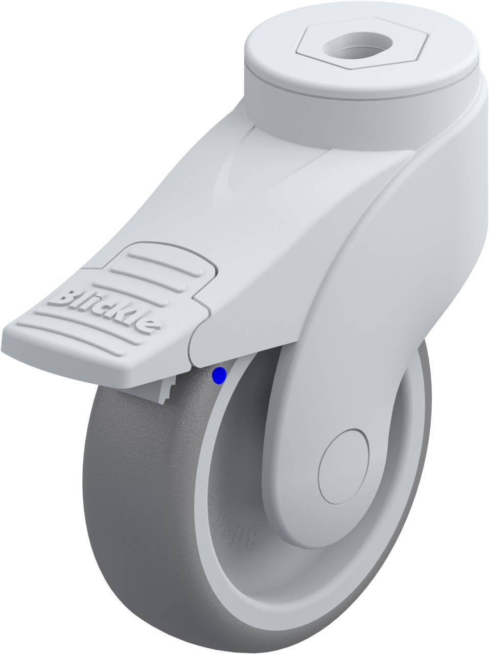 Graue Rolle mit Bremssystem der Marke 'Blickle', geeignet für Möbel oder Geräte. Enthält einen Hebelmechanismus zur Bewegungssperre.