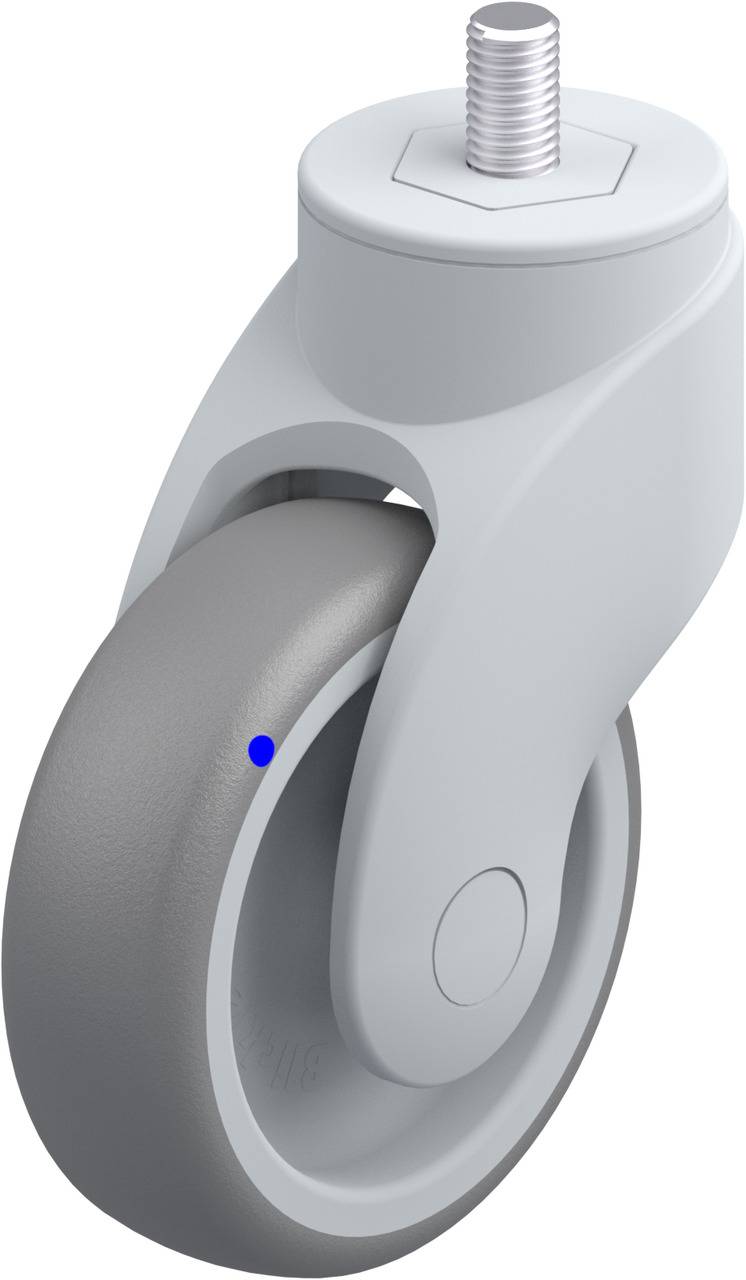 Grau-weiße Möbelrolle mit Befestigungsschraube oben, geeignet für Möbel oder leichte Geräte.