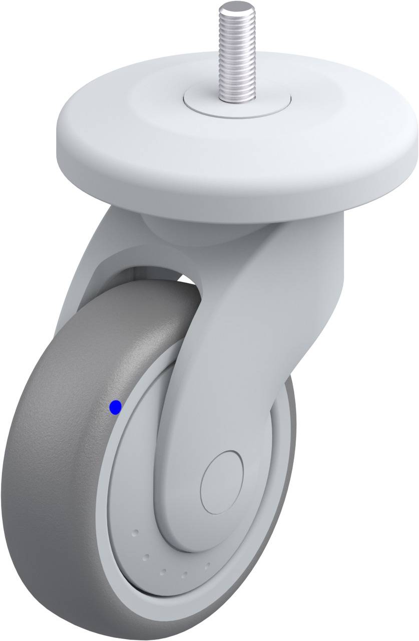 Grauer Möbelrolle mit Befestigungsgewinde, leichter Drehmechanismus, geeignet für glatte Oberflächen.