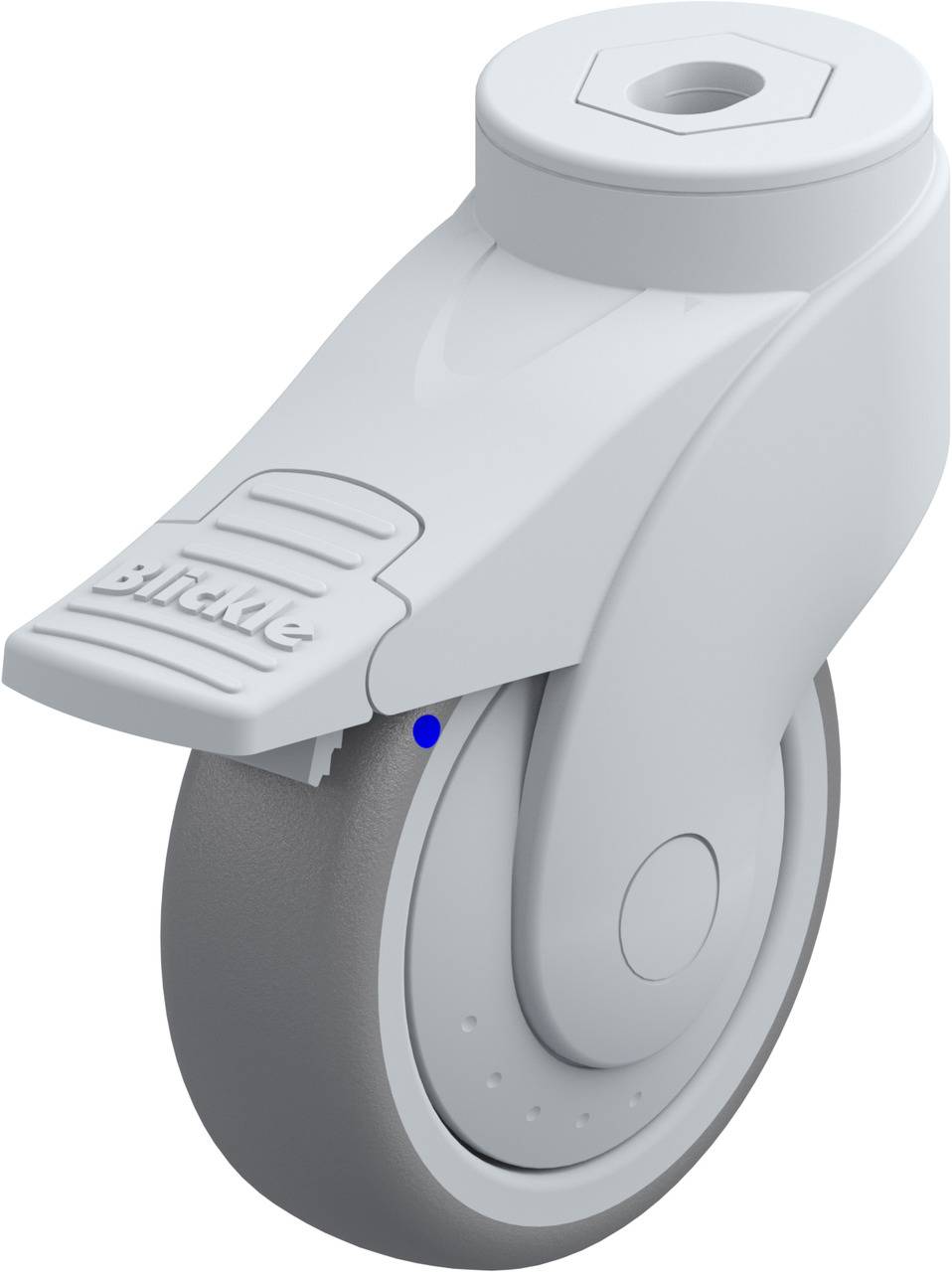 Industrie-Rolle mit grauem Gummi-Rad und weißem Gehäuse. Die Rolle besitzt einen integrierten Hebel zur Arretierung.