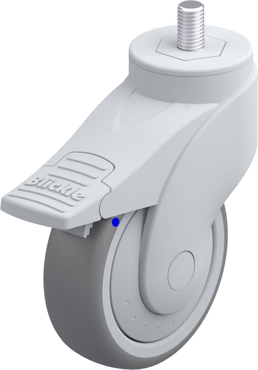 Graue Rolle mit Bremse; Aufschrift 'Birken' sichtbar; geeignet für Möbel oder Geräte; obere Befestigung misst eine Schraube.