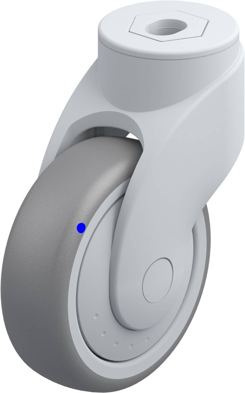 Graues, schwenkbares Rad mit Kunststoffrahmen und blauer Markierung auf der Lauffläche. Geeignet für Möbel oder Geräte.