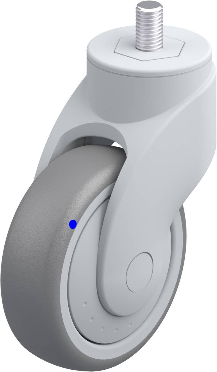 Graue, schwenkbare Rolle für Möbel oder Geräte mit Metallbolzen und Kunststoffgehäuse, ausgelegt für flexible Mobilität.