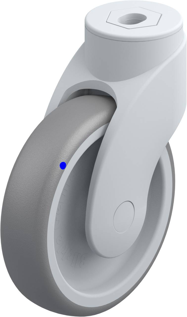 Graues Rad mit weißem Gehäuse, geeignet für Möbel oder Geräte. Optimiert für einfache Bewegung und Tragfähigkeit.
