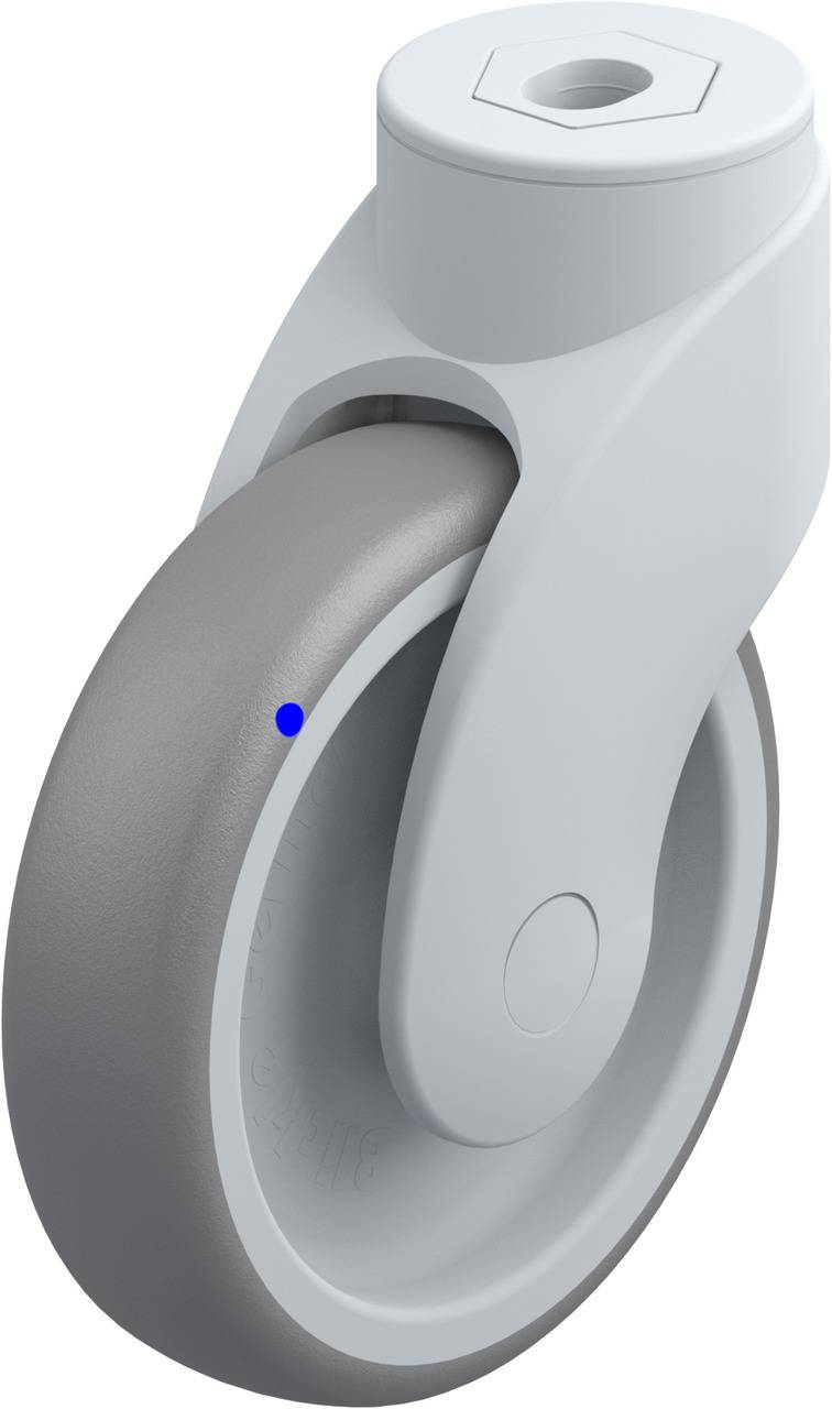 Graue Rolle mit blauer Markierung am Rand, montiert an einem weißen Kunststoffgehäuse.