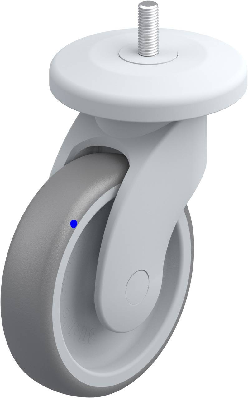 Graues Schwenkrollrad aus Kunststoff mit Gewindebolzen zur Befestigung, geeignet für Möbel oder Geräte.